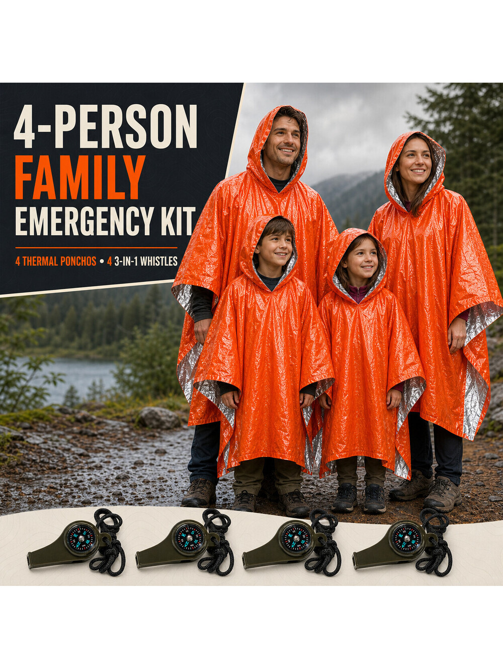 4X Pack Emergency Poncho Whistle Survival Kits Family Car Camping Preparedness